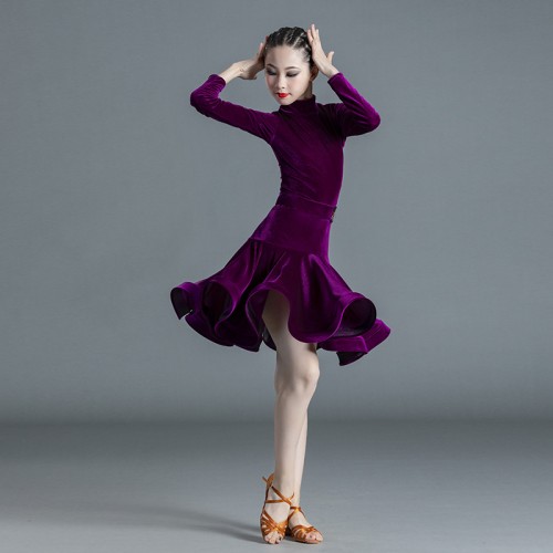Girls kids purple black velvet competition latin dance dress long sleeves stage modern ballroom latin dance costumes for children